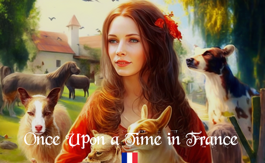 Fairy tale, tales, fantasy, children book, kids stories, fairy tale book, kids fiction book, France. Sophie triumphantly returning to the magical garden, where the animals have awakened from their slumber, celebrating their newfound freedom, illustrating the happy ending of the tale.
