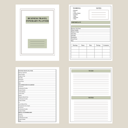 Business Travel Planner, Business Itinerary, travel checklist printables printable planning planner itinerary editable busy travel planner business planner business checklistPrintable and Editable, organization, planning, green, PDF, four pages planner, green planner