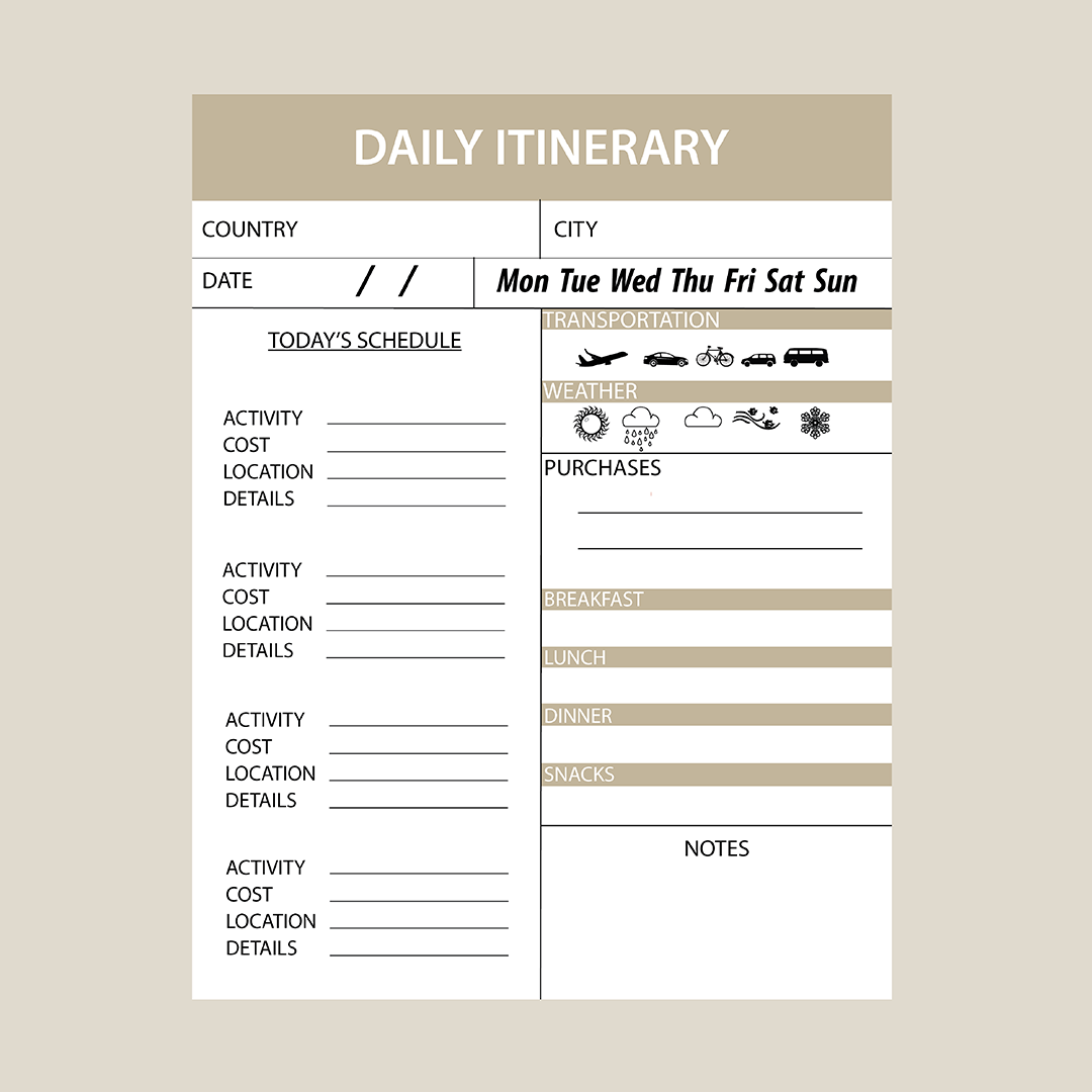 Daily Itinerary, digital planner, Printable and Editable, organization, planning, PDF, one page, brown, daily itinerary, daily routine, daily schedule, daily reminder, daily essentials, daily organization, daily management