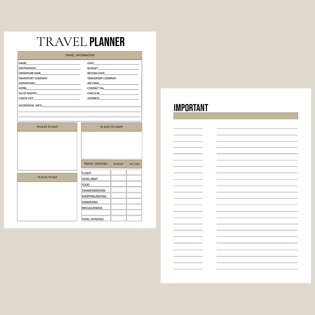 Travel planner, printable, editable, organization, planning, notes, PDF, brown