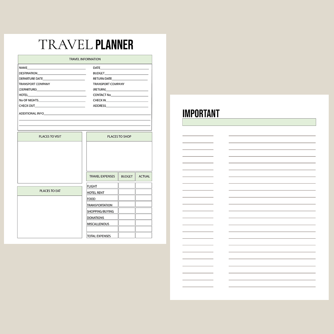 Travel Planner, Digital planner, Printable & Editable, organization, green, PDF