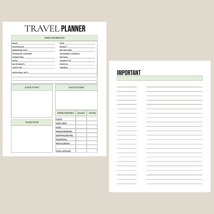 Travel Planner, Digital planner, Printable & Editable, organization, green, PDF