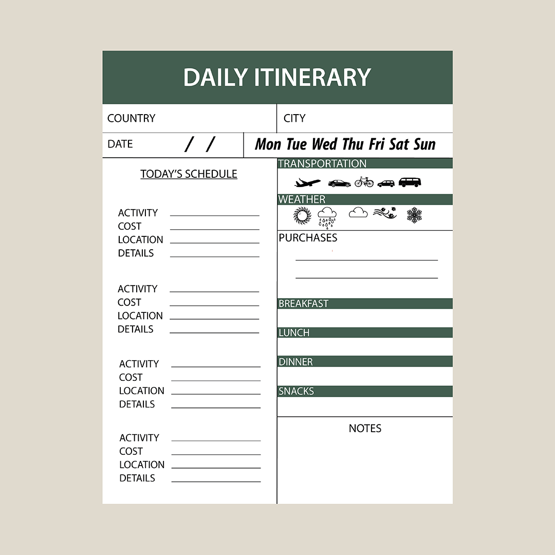 Daily Itinerary, digital planner, Printable and Editable, planning, one page planner, green, PDF, daily itinerary, daily routine, daily schedule, daily reminder, daily essentials, daily organization, daily management
