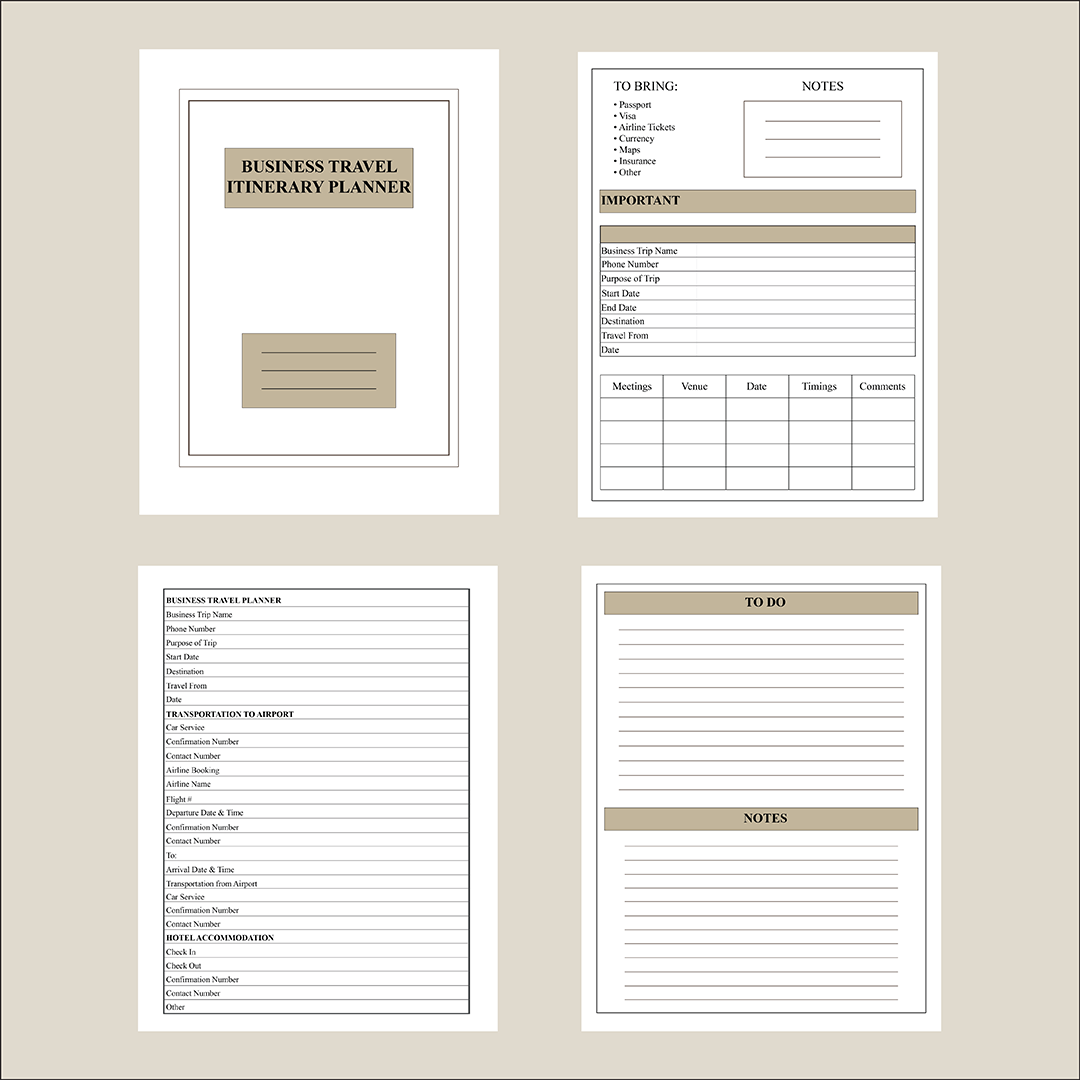 Business Travel Planner, Business Itinerary, Printable and Editable, organization, four pages planner, planning, brown, PDF, travel checklist printables printable planning planner itinerary editable busy travel planner business planner business checklist, brown planner, planner template, business travel template