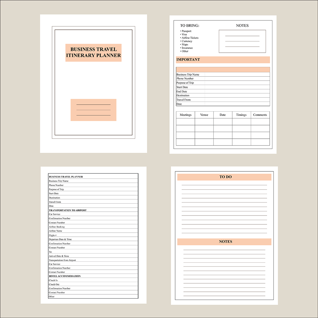 Business Travel Planner, Business Itinerary, Printable and Editable, planning, orange, PDF, four pages planner, travel checklist printables printable planning planner itinerary editable busy travel planner business planner business checklist, business travel template, orange template, 