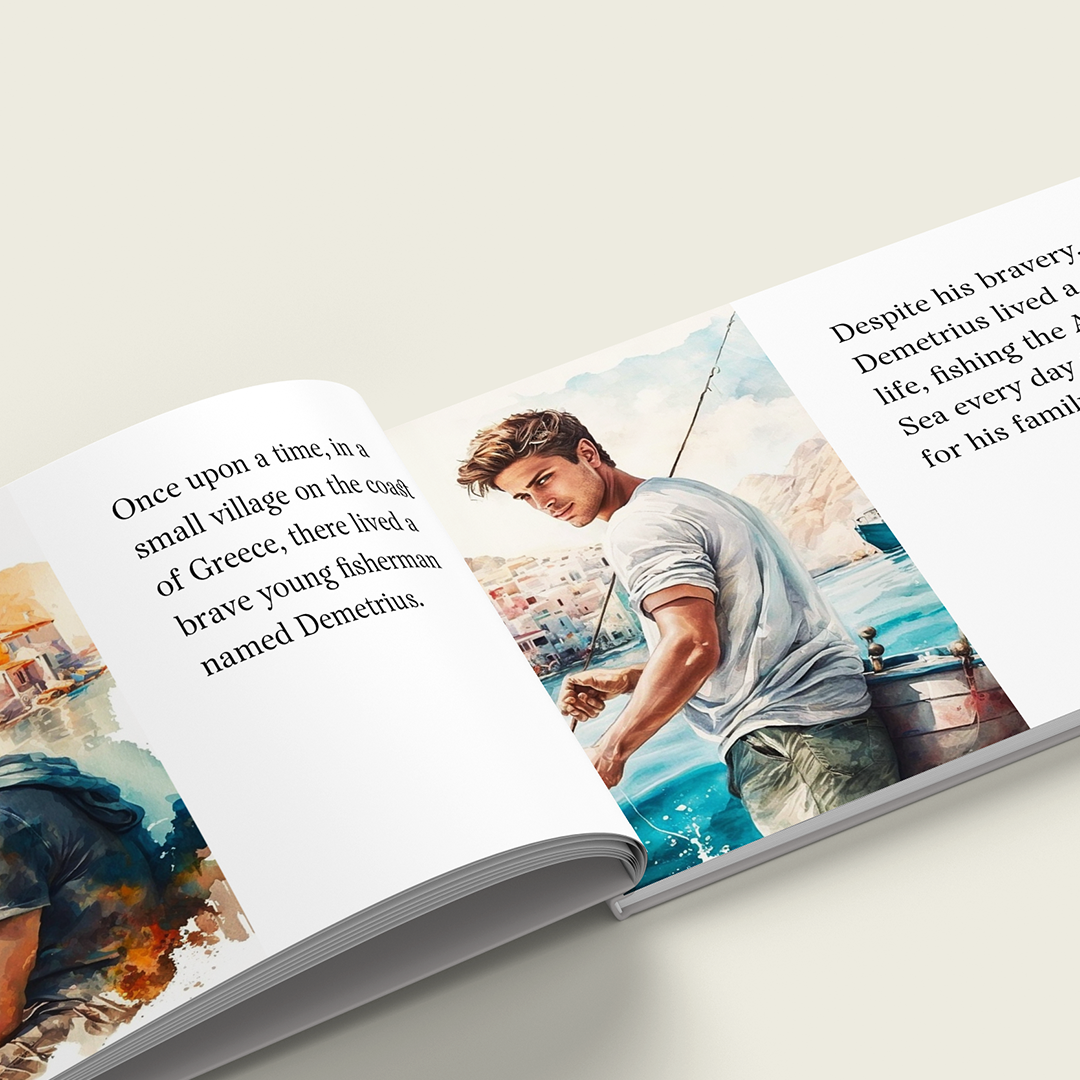 Fairy tale, tales, fantasy, children book, kids stories, fairy tale from Greece. Demetrius, a brave young fisherman, standing on a rocky coastline against the backdrop of the azure Aegean Sea, representing the beginning of his mythical adventure.