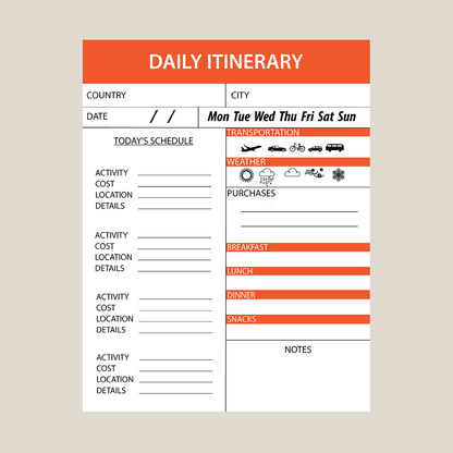 Daily Itinerary, digital planner, Printable and Editable, planning, organization, one page itinerary, orange, PDF