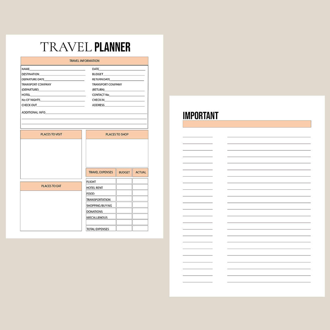Travel planner, printable, editable, organization, planning, notes, PDF